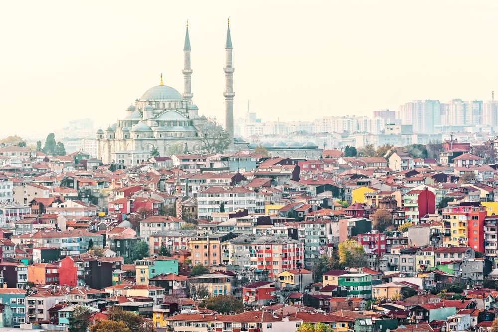 View,Over,Istanbuls,Dense,Residential,Area,With,The,Fatih,Mosque Aerial view of Turkey’s residential area