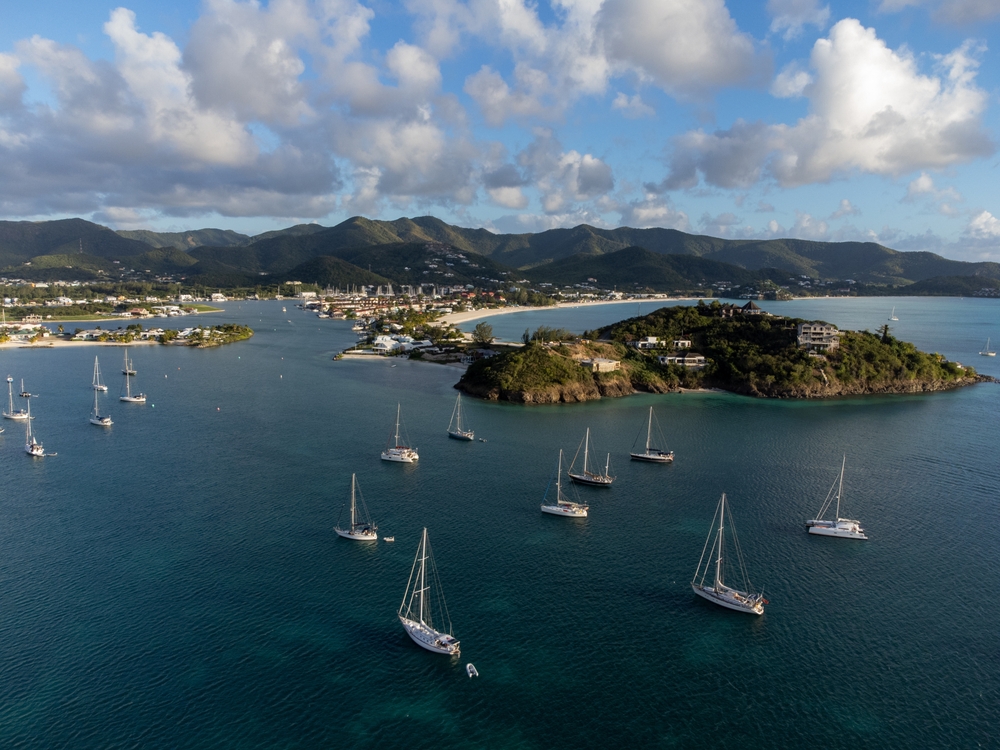 Panoramic aerial view of  the coast of the Caribbean island of Antigua and Barbuda
