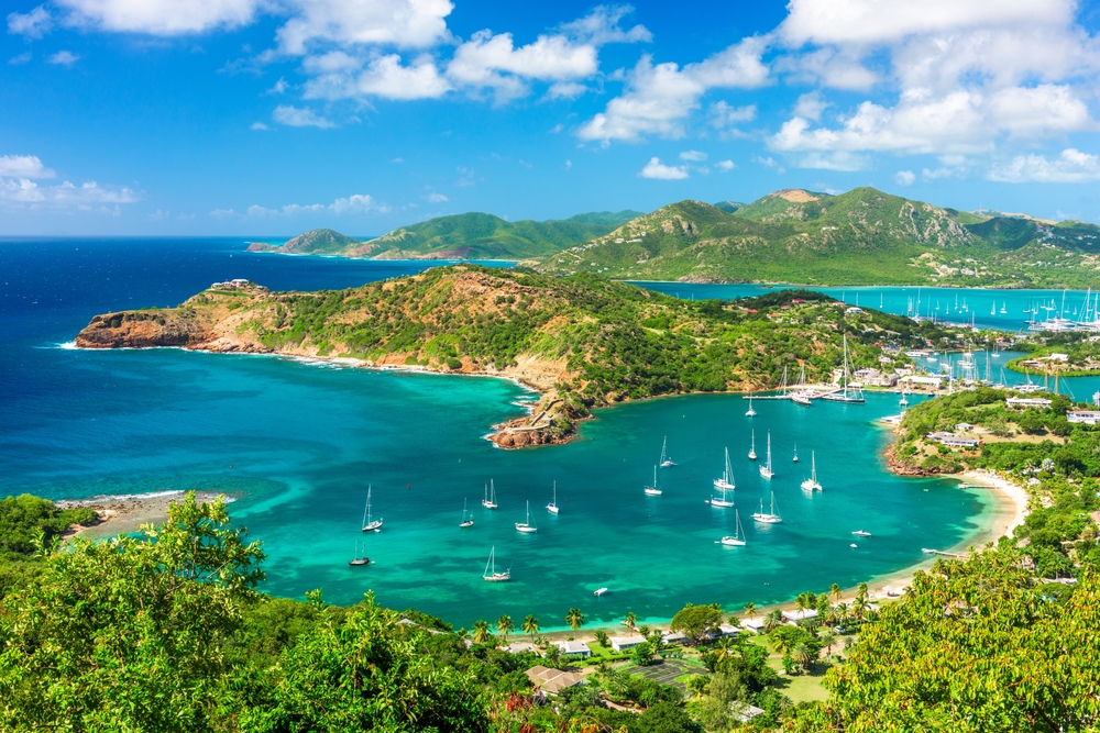 An aerial view of a beach, representing Antigua and Barbuda’s safety and tranquility.